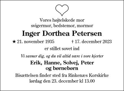 Dødsannoncen for Inger Dorthea Petersen - Rinkenæs