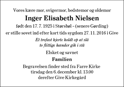 Dødsannoncen for Inger Elisabeth Nielsen - Give