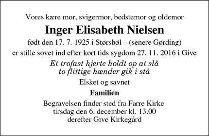 Dødsannoncen for Inger Elisabeth Nielsen - Give