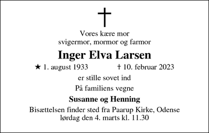 Dødsannoncen for Inger Elva Larsen - Odense V
