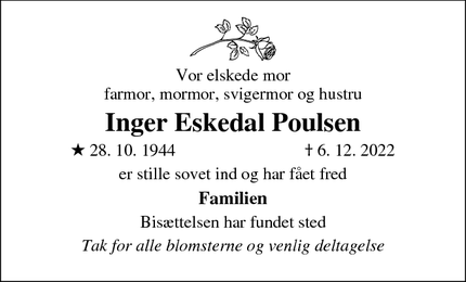 Dødsannoncen for Inger Eskedal Poulsen - Haslev