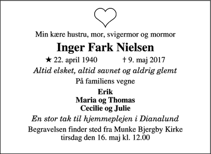 Dødsannoncen for Inger Fark Nielsen - Dianalund