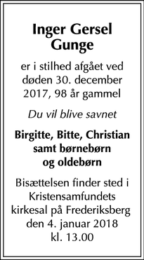 Dødsannoncen for Inger Gersel Gunge - Hørsholm