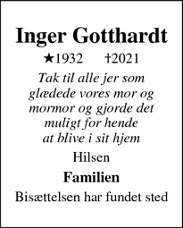 Dødsannoncen for Inger Gotthardt - Ebeltoft