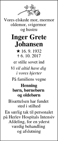Dødsannoncen for Inger Grete Johansen - Mørkhøj