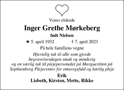Dødsannoncen for Inger Grethe Mørkeberg - Hillerød