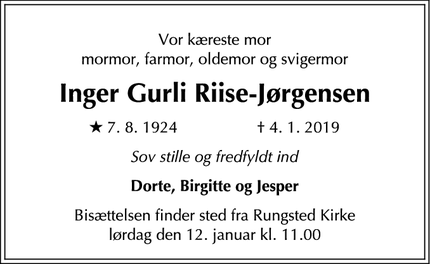 Dødsannoncen for Inger Gurli Riise-Jørgensen - Rungsted Kyst