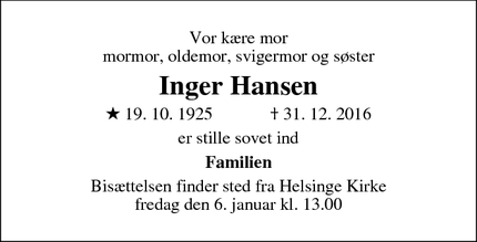 Dødsannoncen for Inger Hansen - Helsinge