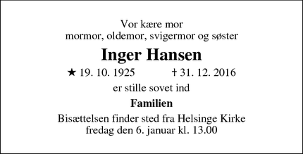 Dødsannoncen for Inger Hansen - Helsinge