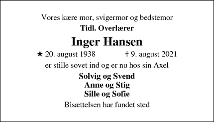 Dødsannoncen for Inger Hansen - Hedensted