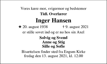 Dødsannoncen for Inger Hansen - Hedensted