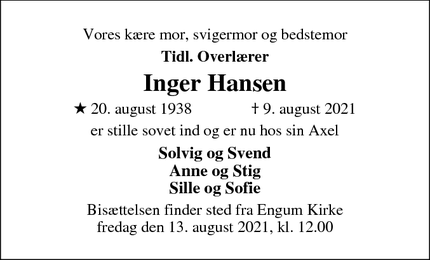 Dødsannoncen for Inger Hansen - Hedensted