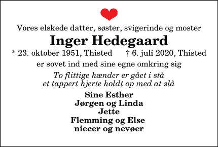 Dødsannoncen for Inger Hedegaard  - Thisted