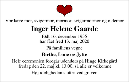 Dødsannoncen for Inger Helene Gaarde - Kjellerup