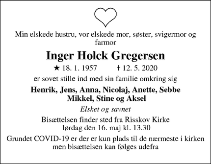 Dødsannoncen for Inger Holck Gregersen - Risskov