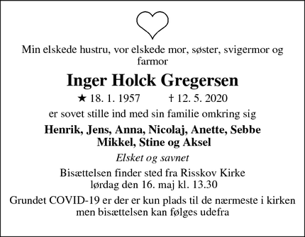 Dødsannoncen for Inger Holck Gregersen - Risskov