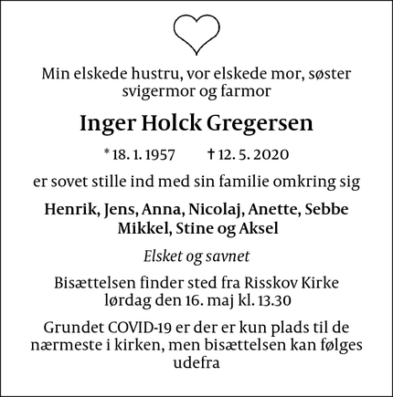 Dødsannoncen for Inger Holck Gregersen - Risskov