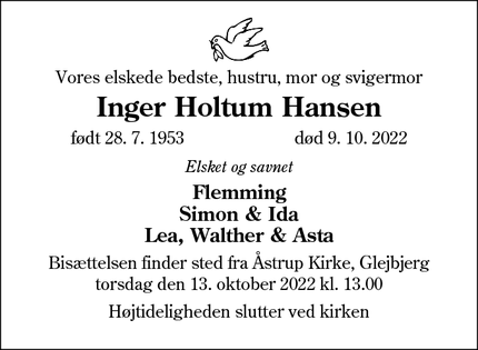 Dødsannoncen for Inger Holtum Hansen - Glejbjerg