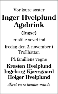 Dødsannoncen for Inger Hvelplund Agebrink  - Nr. Nebel