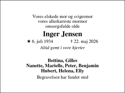Dødsannoncen for Inger Jensen - Skovlunde