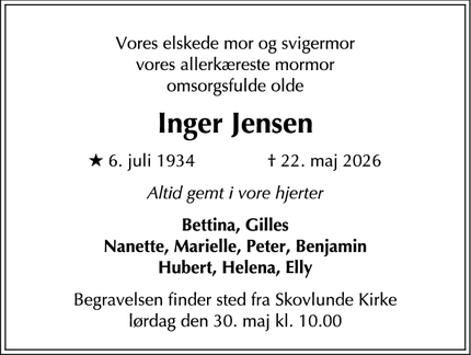 Dødsannoncen for Inger Jensen - Skovlunde