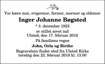 Dødsannoncen for Inger Johanne Bøgsted - Ulsted, Danmark