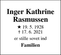 Dødsannoncen for Inger Kathrine
Rasmussen - Stoholm Jyll