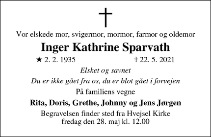 Dødsannoncen for Inger Kathrine Sparvath - hvejsel