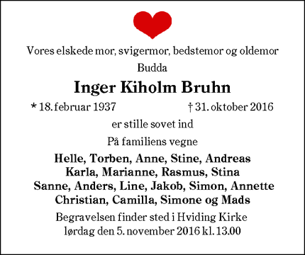 Dødsannoncen for Inger Kiholm Bruhn - Ribe