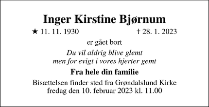 Dødsannoncen for Inger Kirstine Bjørnum - Hellerup
