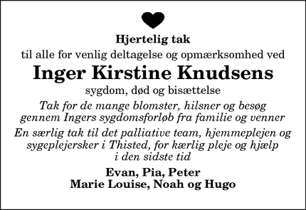 Taksigelsen for Inger Kirstine Knudsens - Thisted