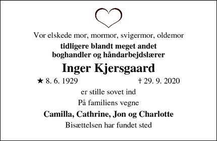 Dødsannoncen for Inger Kjersgaard - Dragør