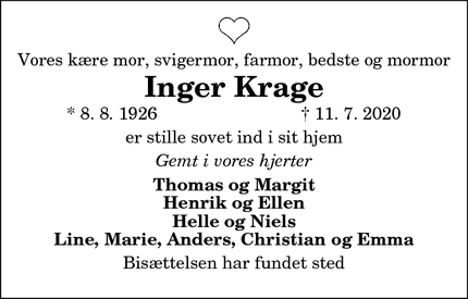 Dødsannoncen for Inger Krage - Hjørring