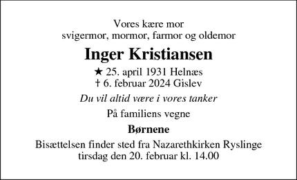 Dødsannoncen for Inger Kristiansen - Gislev