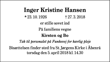 Dødsannoncen for Inger Kristine Hansen - Aabenraa