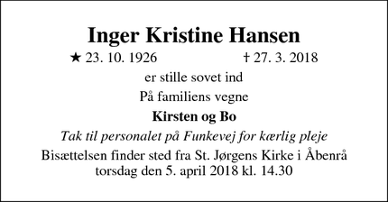 Dødsannoncen for Inger Kristine Hansen - Aabenraa