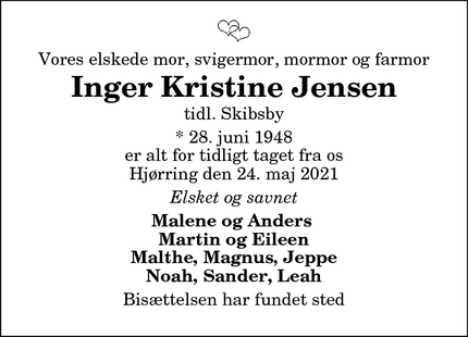 Dødsannoncen for Inger Kristine Jensen - Hjørring