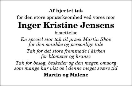 Taksigelsen for Inger Kristine Jensens - Hjørring