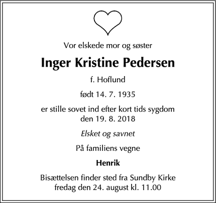 Dødsannoncen for Inger Kristine Pedersen - Amagerbro