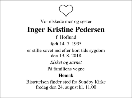 Dødsannoncen for Inger Kristine Pedersen - Amagerbro