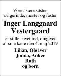 Dødsannoncen for Inger Langgaard Vestergaard - Egernsund