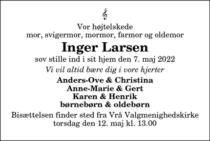 Dødsannoncen for Inger Larsen - Brønderslev