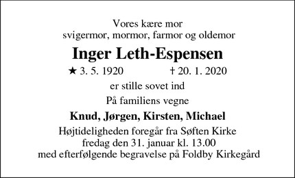Dødsannoncen for Inger Leth-Espensen  - Grenaa
