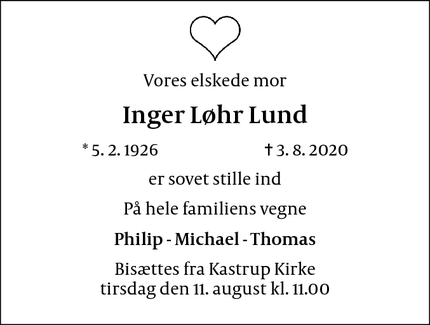 Dødsannoncen for Inger Løhr Lund - København S