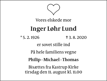 Dødsannoncen for Inger Løhr Lund - København S