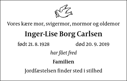 Dødsannoncen for Inger-Lise Borg Carlsen - Maribo