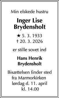 Dødsannoncen for Inger Lise Brydensholt  - København K