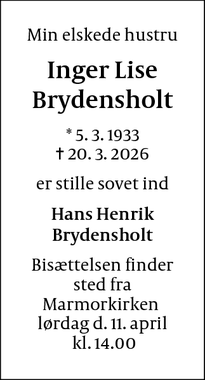 Dødsannoncen for Inger Lise Brydensholt  - København K