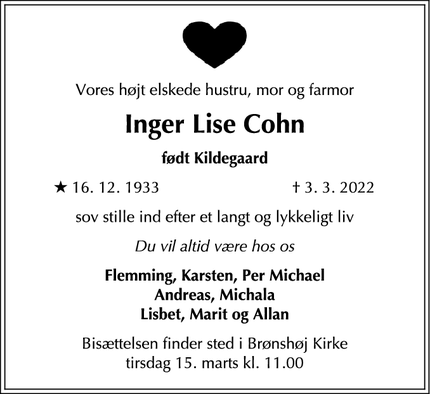 Dødsannoncen for Inger Lise Cohn - Brønshøj