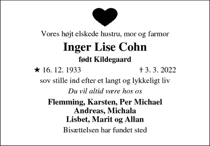 Dødsannoncen for Inger Lise Cohn - Brønshøj